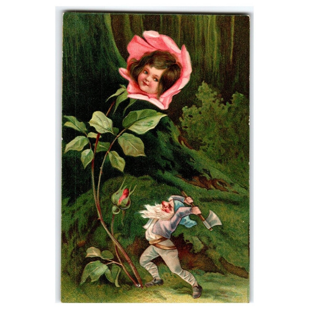 Vintage Fantasy Postcard Gnome Axe Rose Flower Girl Fairy Litho 1903
